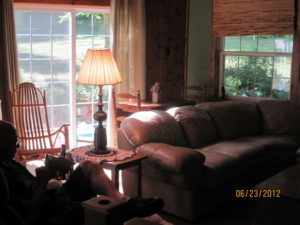 the living room 2: couch, lamp, rocking chair, wood stove